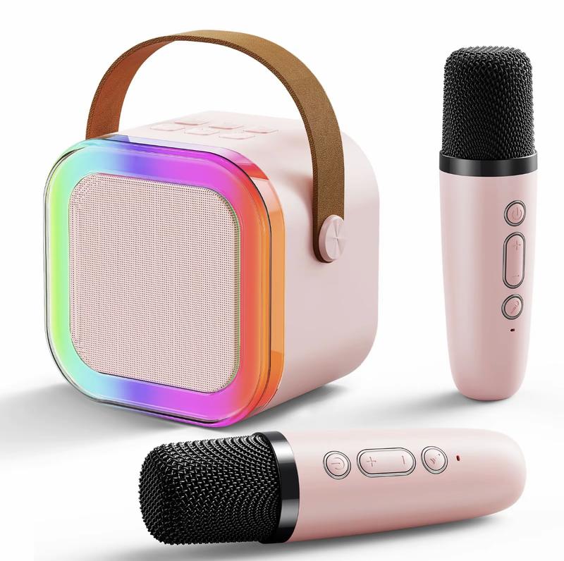 Mini karaoke machine suitable for children and adults, portable Bluetooth speaker with 2 wireless microphones and LED lights, 5 variable sounds, suitable for family gatherings and birthdays, suitable for girls boys aged 3-12 years old.