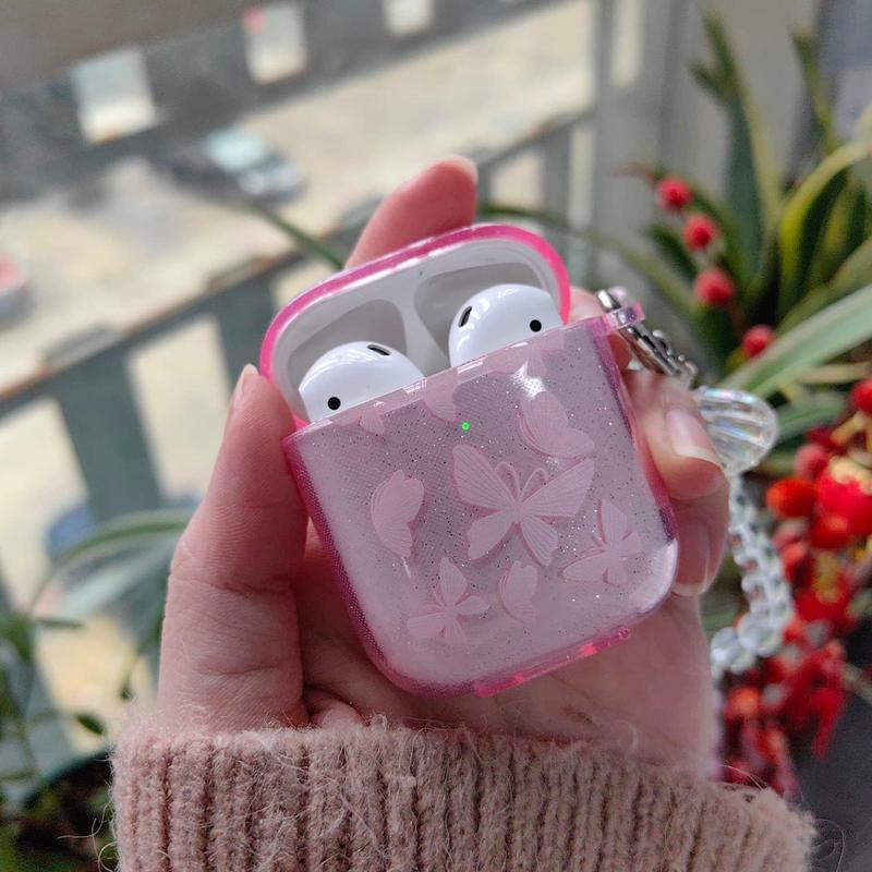 Compatible for AirPods Case, Cute  Rose Pattern Clear Soft TPU Shockproof Cover Case Glitter with Keychain for Women Girls for Airpods 2&1-Pink Butterfly