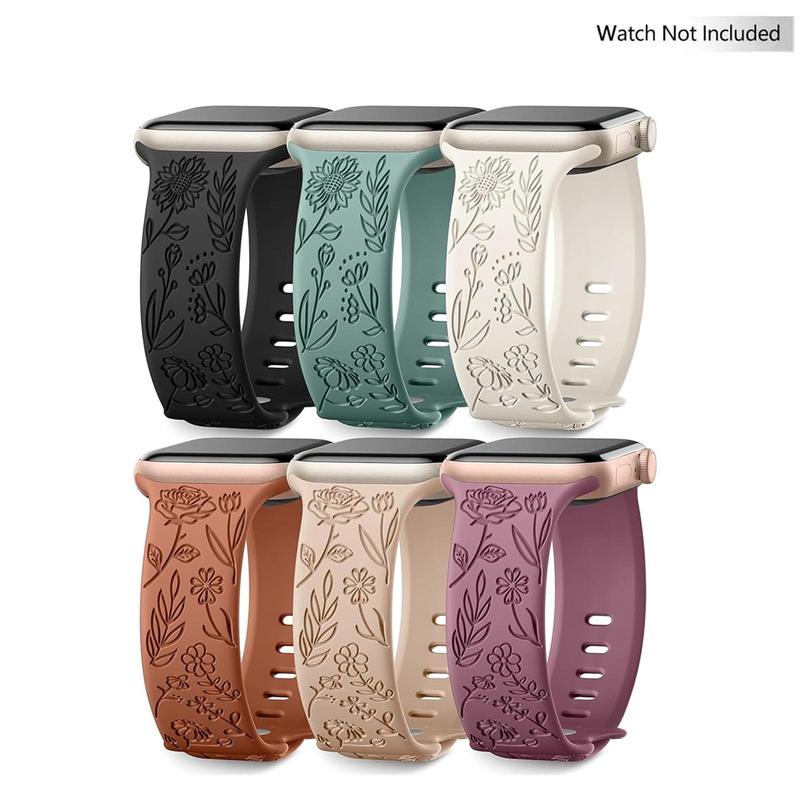 Personalized Floral Engraved Bands for Women, Wearable Accessories Compatible with Watch Band 38mm to 49mm, Soft Silicone Sport Strap for iWatch Bands Series Ultra Ultra 2 SE 9 8 7 6 5 4 3 2 1, Wearable Accessories