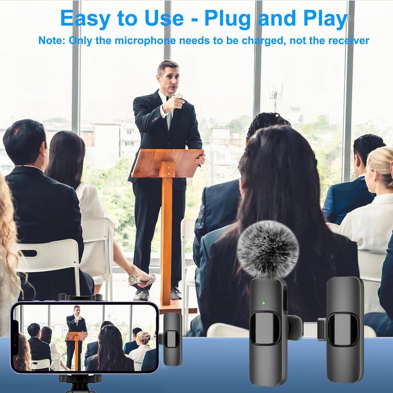 Wireless Lavalier Microphone Set, USB Rechargeable Wireless Microphone, Lapel Mic for Video Recording, Interview, Podcast, Vlog