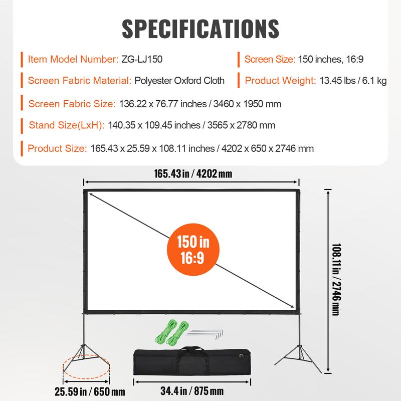 VEVOR Projector Screen with Stand, 150 inch 16:9 4K 1080 HD Outdoor Movie Screen with Stand, Wrinkle-Free Projection Screen with Tripods and Carry Bag, for Home Theater Cinema Backyard Movie Night Accessories Portable