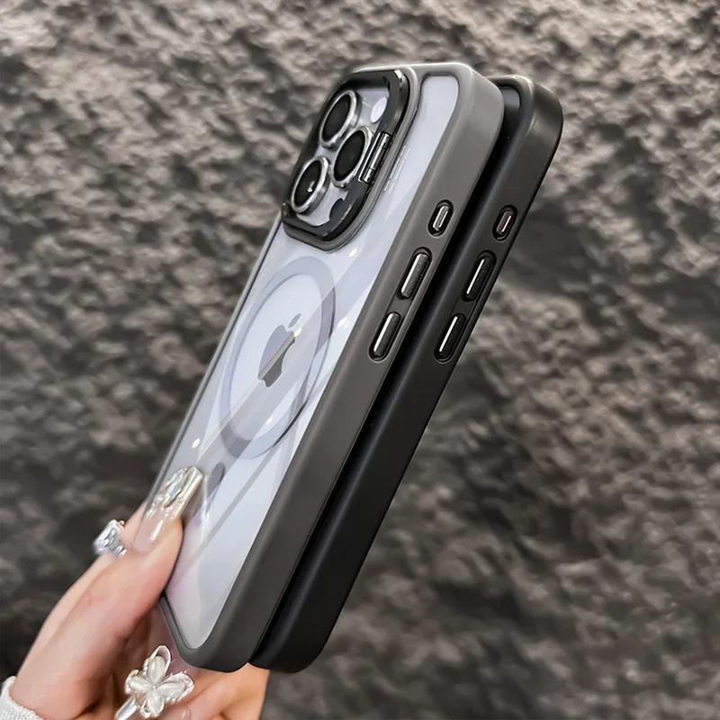 Clear Magnetic Case for iPhone 16 Pro Max 16 Plus 16 Pro 16 Compatible with Mag Safe Military-Grade Protective Case with Camera Stand & Lens Protector Transparent Back Phone Case Shockproof Heavy Duty Protective Cover