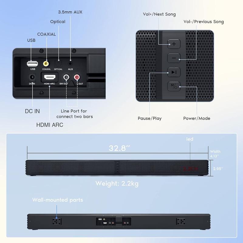 Sound Bar, Bass Speakers for Smart TV with Dual Subwoofer 3D Surround Sound System, 32 Inch 2.2CH Home Theater Audio Soundbar, HDMI ARC Connection, 2 in 1 Detachable & Wall Mountable