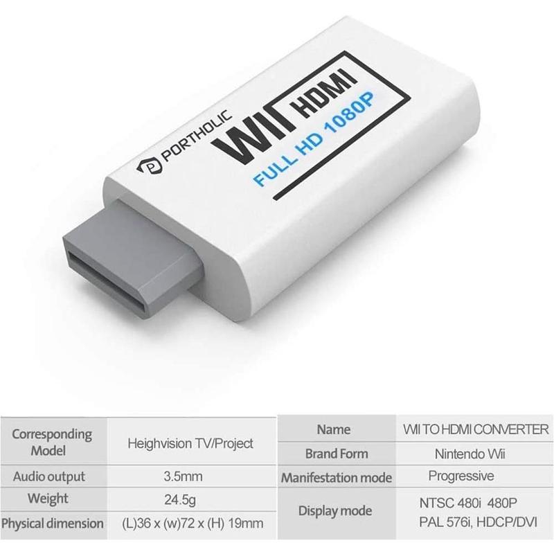 PORTHOLIC Wii to HDMI Converter 1080P for Full HD Device, Wii HDMI Adapter with 3,5mm Audio Jack&HDMI Output Compatible with Wii, Wii U, HDTV, Monitor-Supports All Wii Display Modes 720P, NTS