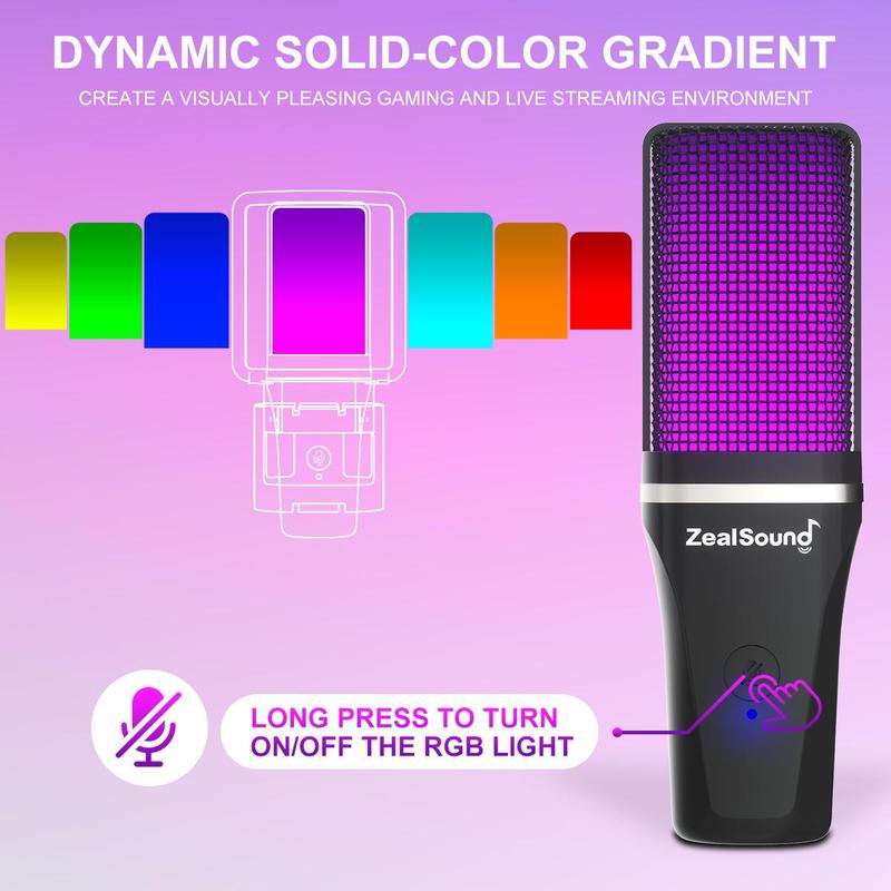 Zealsound Usb Mic with Type-c Adapter, Live Streaming Microphone with Rgb Light & Tripod & Hanging Arm Stand, Plug & Play Mic Compatible with Ps5, Xbox Controller & Pc & Type-c Devices, Gaming Room Supplies