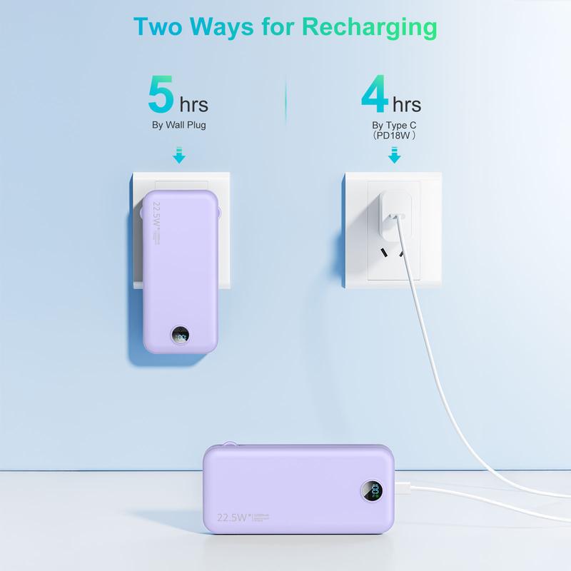 Portable Built-in AC Wall Plug Power Bank, 12000mAh Compact Lightweight Mobile Phone Charger, LED Digital Display, Built-in 2 Cables, 5 Output Ports, QC3.0 PD20W Quick Charge Battery Pack, Travel Essentials for iPhone 16 15 14 13, Samsung, iPad and more!