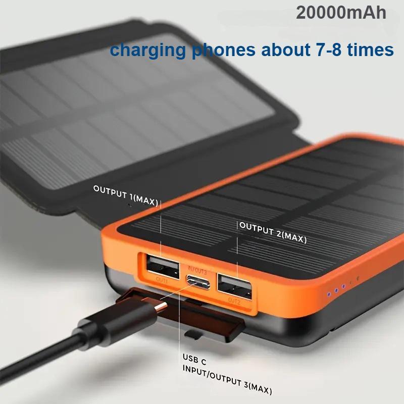 Solar Powered Power Bank, Portable Solar Phone Charger with Foldable Solar Panels, 20000mAh High Capacity Solar Power Bank for Smart Phones, Tablets