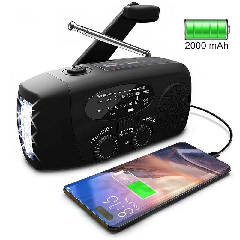 2000mAh Portable Radio Audio Hand Crank with Speaker, Solar Powered USB Rechargeable FM AM WB NOAA Weather Radio with LED Light Switch, Emergency LED Flashlight Power Bank for Holiday Birthday