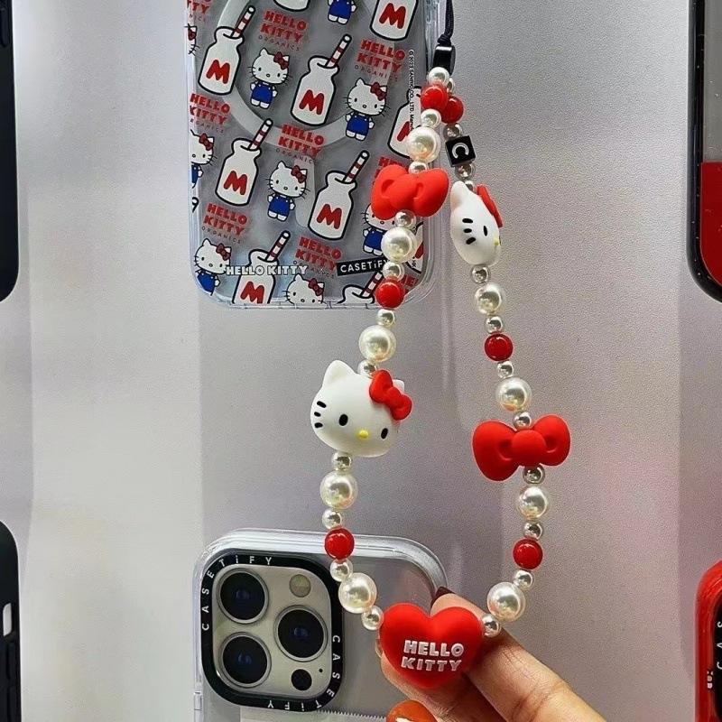 SANRIO Cute Cartoon Cat Beaded Phone Chain, Fashion Beaded Phone Lanyard, Phone Strap for Women & Girls, Mobile Phone Decorative Accessories