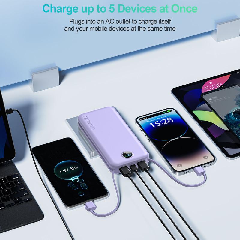 Portable Built-in AC Wall Plug Power Bank, 12000mAh Compact Lightweight Mobile Phone Charger, LED Digital Display, Built-in 2 Cables, 5 Output Ports, QC3.0 PD20W Quick Charge Battery Pack, Travel Essentials for iPhone 16 15 14 13, Samsung, iPad and more!