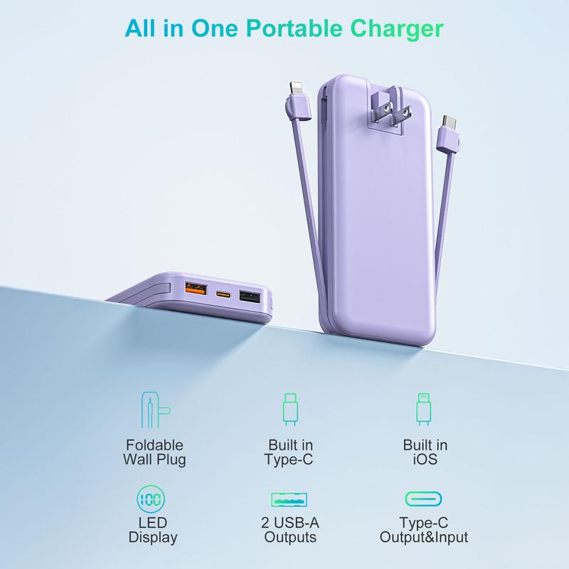 Portable Built-in AC Wall Plug Power Bank, 12000mAh Compact Lightweight Mobile Phone Charger, LED Digital Display, Built-in 2 Cables, 5 Output Ports, QC3.0 PD20W Quick Charge Battery Pack, Travel Essentials for iPhone 16 15 14 13, Samsung, iPad and more!