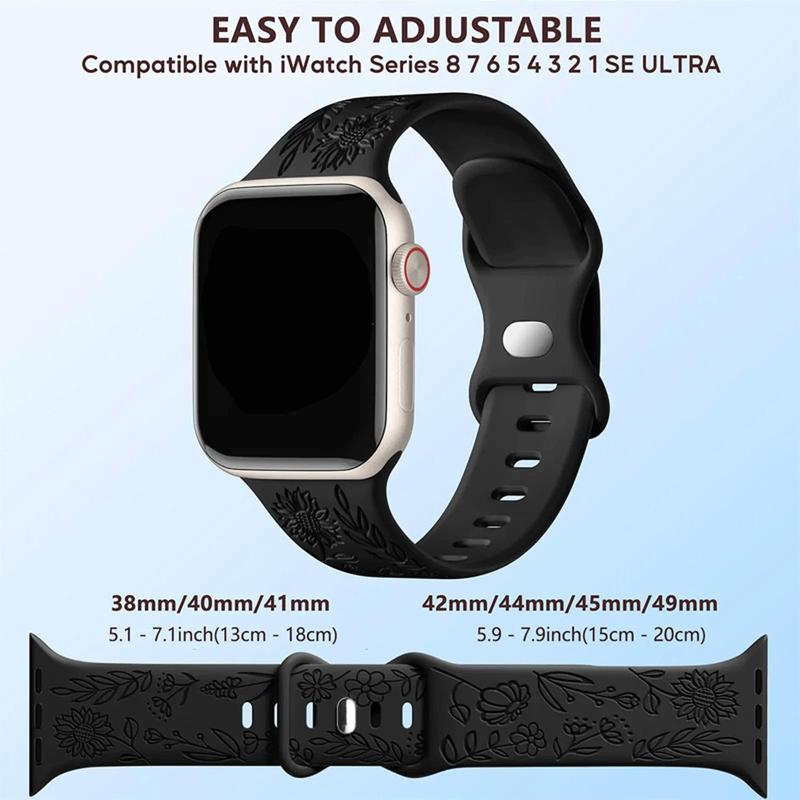 Personalized Floral Engraved Bands for Women, Wearable Accessories Compatible with Watch Band 38mm to 49mm, Soft Silicone Sport Strap for iWatch Bands Series Ultra Ultra 2 SE 9 8 7 6 5 4 3 2 1, Wearable Accessories