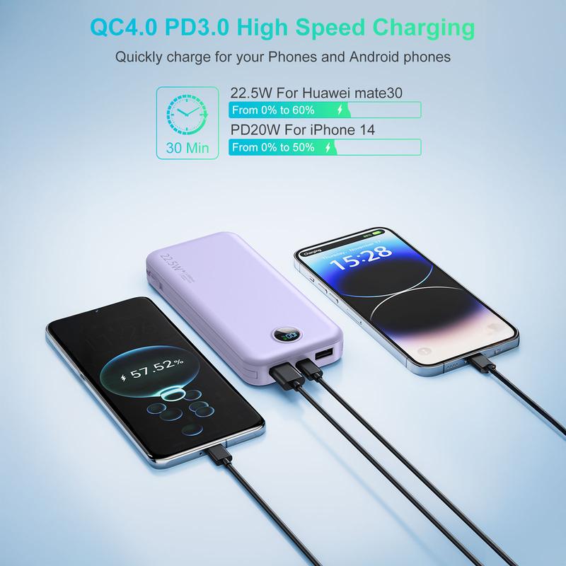 Portable Built-in AC Wall Plug Power Bank, 12000mAh Compact Lightweight Mobile Phone Charger, LED Digital Display, Built-in 2 Cables, 5 Output Ports, QC3.0 PD20W Quick Charge Battery Pack, Travel Essentials for iPhone 16 15 14 13, Samsung, iPad and more!