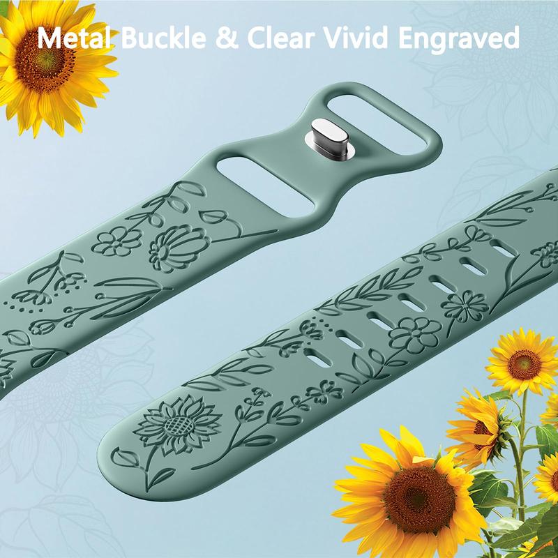 Personalized Floral Engraved Bands for Women, Wearable Accessories Compatible with Watch Band 38mm to 49mm, Soft Silicone Sport Strap for iWatch Bands Series Ultra Ultra 2 SE 9 8 7 6 5 4 3 2 1, Wearable Accessories