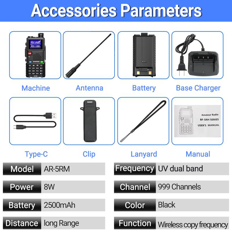 BAOFENG AR-5RM Ham Radio Handheld (Upgrade of UV-5R) Two Way Radio NOAA Weather Receiver Rechargeable Long Range Walkie Talkies, Copy Frequency 999CH with Type C Charging 2500mAh Battery Full Kit