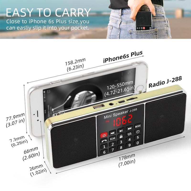 PRUNUS J-288 Portable Radio Small, AM FM Radio Rechargeable with Bluetooth Speaker, Sleep Timer and Power-Saving Display, Battery Operated Radio with AUX jack, USB Disk and TF Card, NO Manual Preset Audio Charging Clock