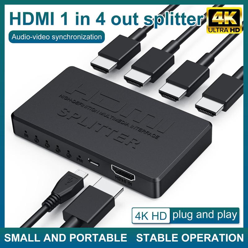 4K HDMI Splitter for Computer Host & Monitor, 1 Input & 4 Output HDMI Adapter for Summer, High Definition Video Converter For Home Theater