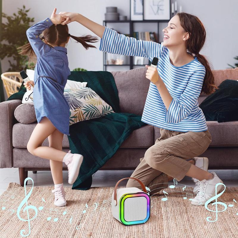 Mini karaoke machine suitable for children and adults, portable Bluetooth speaker with 2 wireless microphones and LED lights, 5 variable sounds, suitable for family gatherings and birthdays, suitable for girls boys aged 3-12 years old.