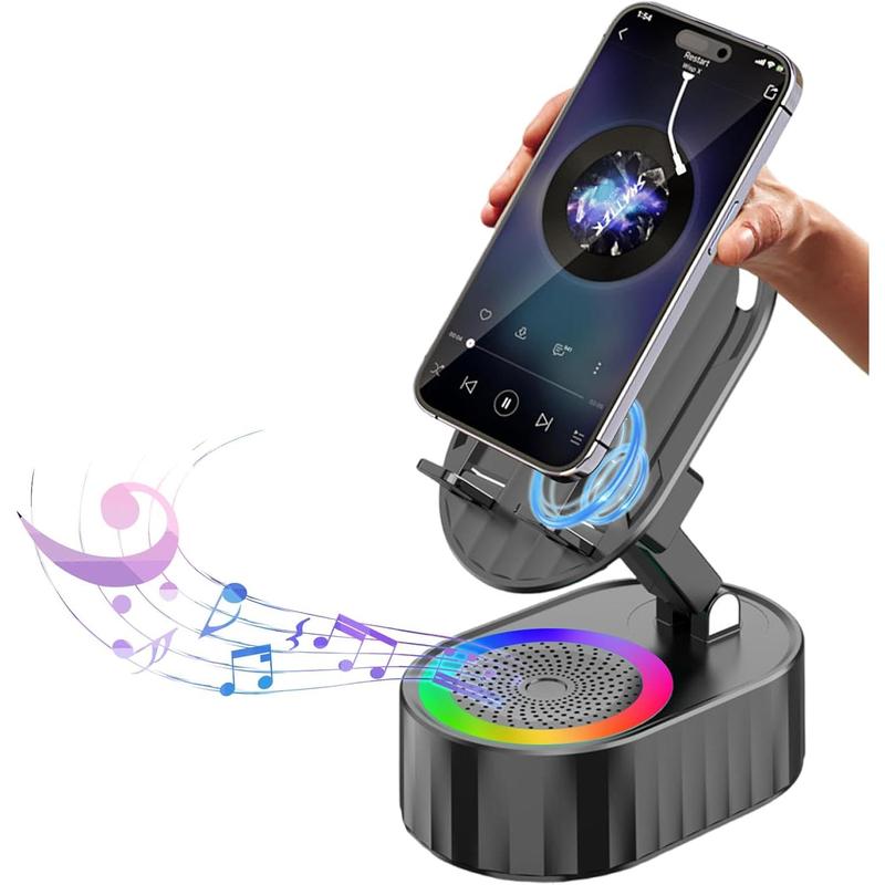 Wireless Induction Audio Bluetooth Speaker 5in1 Phone Holder Emergency Rechargeable (3000mAh) with Colorful Ambient Light 300° Foldable for Tablet iPhone Android, Gifts for Men Women (Black)