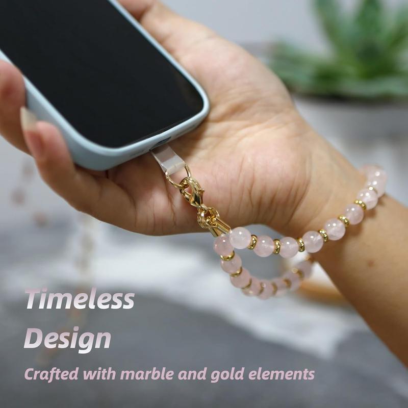 Marble Beaded iPhone Wrist Strap,Detachable Phone Bracelet Strap with Tether Tab,Hands-Free Phone Wristlet Strap (Rose Quartz)