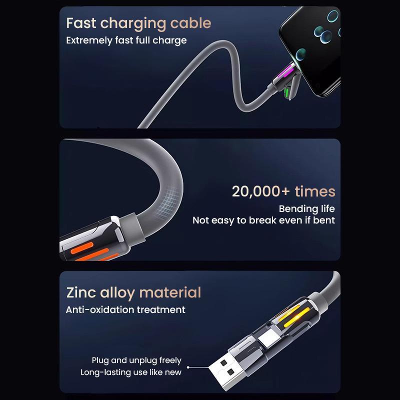 4-in-1 USB Charging Cable, fastcharging cable MAX 240W USB A+ TYPE C + Lightning Multi national aluminum alloy cable management 240W suitable for iPhone 15 14 Samsung Galaxy, Android Phones & Tablets iPad Pro Smartphone Cellphone Mobile Electronic