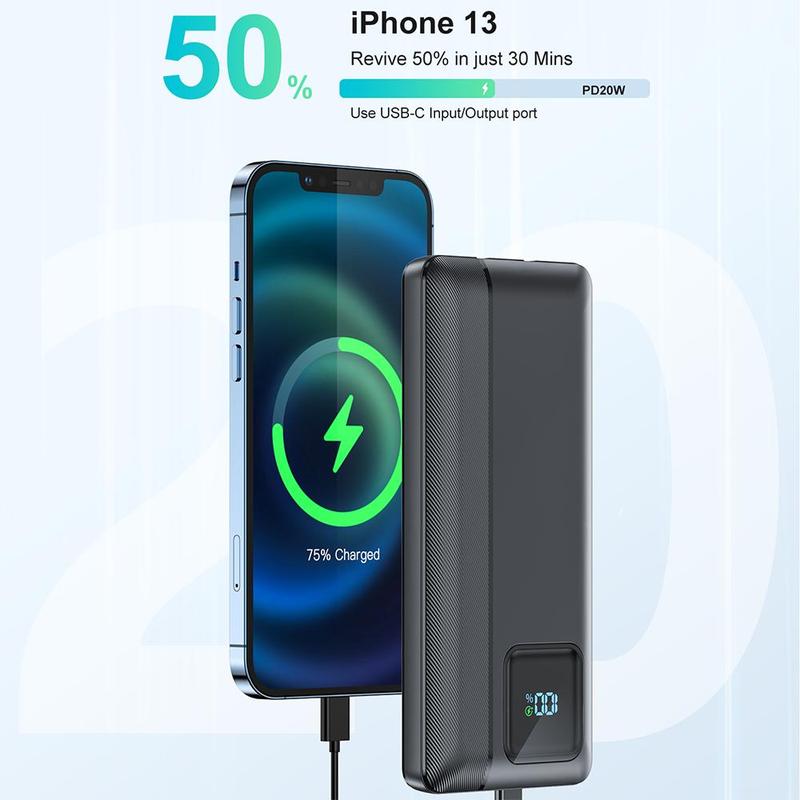 Portable QC3.0 PD20W Power Bank, 10000mAh Lightweight Power Bank with 2 Output Cables & LED Display, Fast Charger for iPhone, Android Phones, Phone Accessories