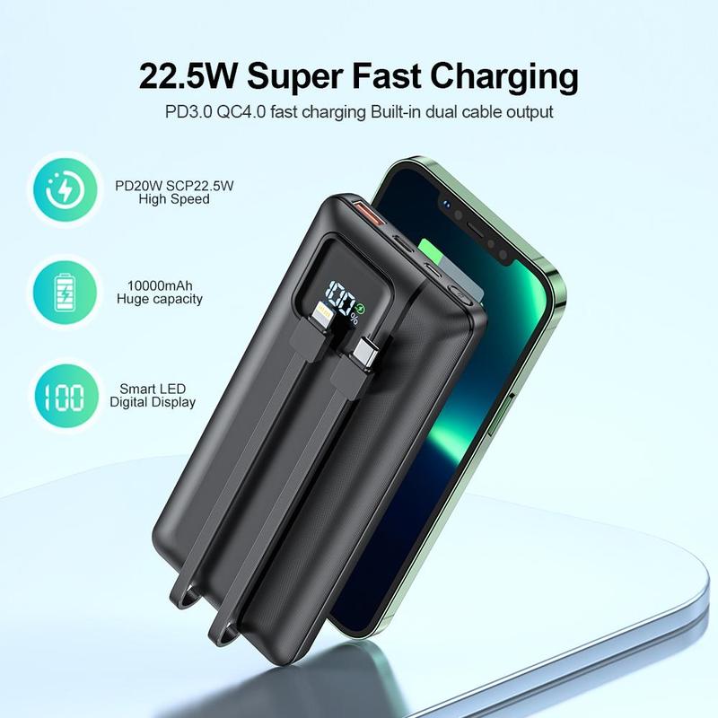 Portable QC3.0 PD20W Power Bank, 10000mAh Lightweight Power Bank with 2 Output Cables & LED Display, Fast Charger for iPhone, Android Phones, Phone Accessories