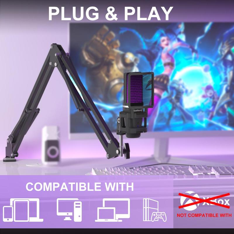 Zealsound Usb Mic with Type-c Adapter, Live Streaming Microphone with Rgb Light & Tripod & Hanging Arm Stand, Plug & Play Mic Compatible with Ps5, Xbox Controller & Pc & Type-c Devices, Gaming Room Supplies