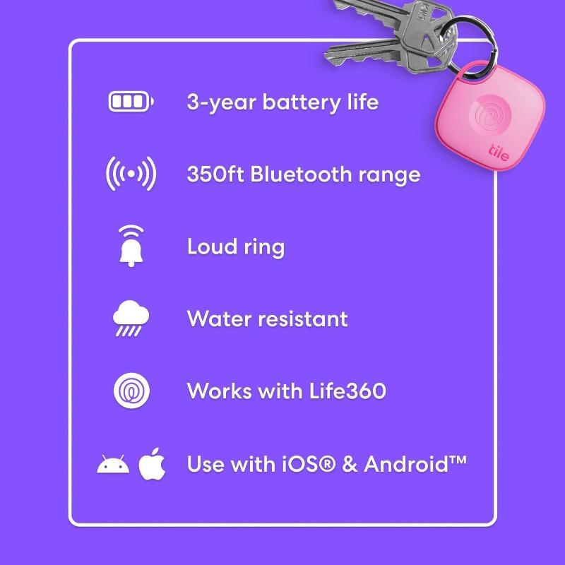 by Life360 Mate (2024) Bluetooth Tracker, Keys Finder and Item Locator for Keys, Bags and More. Phone Finder. Both iOS and Android Compatible. 1-Pack (Pink Punch)