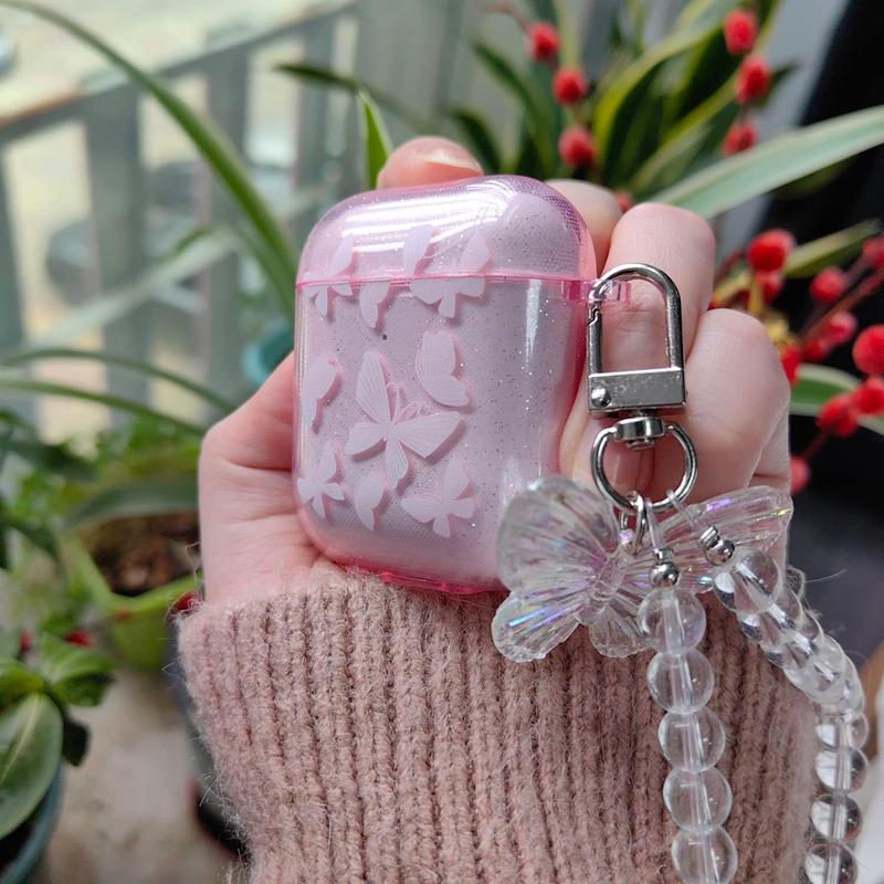 Compatible for AirPods Case, Cute  Rose Pattern Clear Soft TPU Shockproof Cover Case Glitter with Keychain for Women Girls for Airpods 2&1-Pink Butterfly