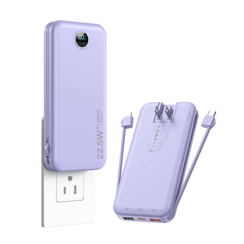 Portable Built-in AC Wall Plug Power Bank, 12000mAh Compact Lightweight Mobile Phone Charger, LED Digital Display, Built-in 2 Cables, 5 Output Ports, QC3.0 PD20W Quick Charge Battery Pack, Travel Essentials for iPhone 16 15 14 13, Samsung, iPad and more!