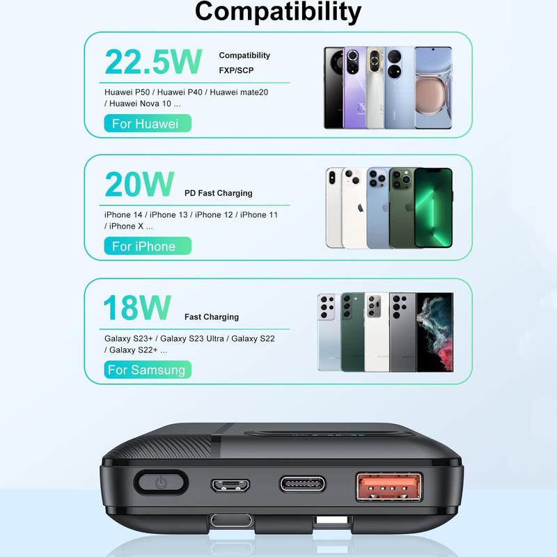 Portable QC3.0 PD20W Power Bank, 10000mAh Lightweight Power Bank with 2 Output Cables & LED Display, Fast Charger for iPhone, Android Phones, Phone Accessories