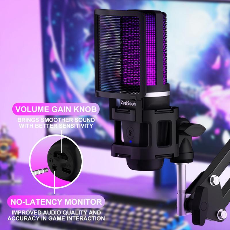 Zealsound Usb Mic with Type-c Adapter, Live Streaming Microphone with Rgb Light & Tripod & Hanging Arm Stand, Plug & Play Mic Compatible with Ps5, Xbox Controller & Pc & Type-c Devices, Gaming Room Supplies