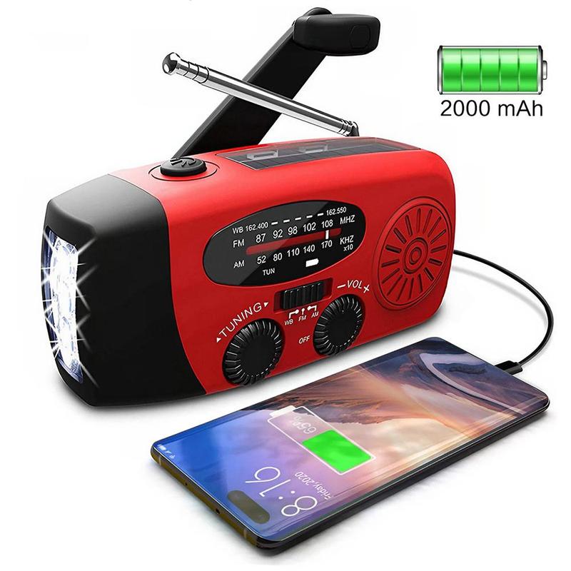 2000mAh Portable Radio Audio Hand Crank with Speaker, Solar Powered USB Rechargeable FM AM WB NOAA Weather Radio with LED Light Switch, Emergency LED Flashlight Power Bank for Holiday Birthday