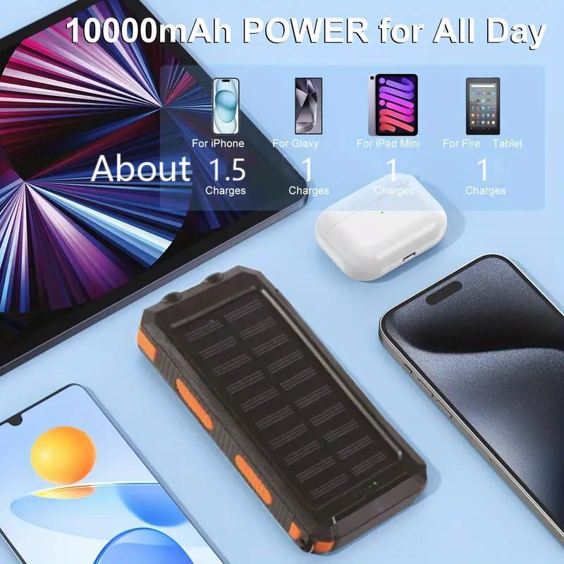 Solar Powered Power Bank, 10000mAh 2 USB Ports Portable Charger with LED Flashlight & Compass, Waterproof Phone Charger for iPhone, Samsung, Android