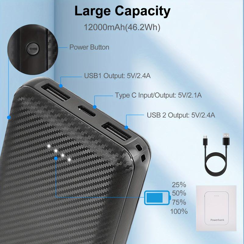 12000mAh Battery Pack For Heated Vest - 5V 2A Power Bank For Heated Jacket And Heated Hoodie, USB C Portable Charger Powerbank Compatible With IPhone IPad Samsung Tablet Etc