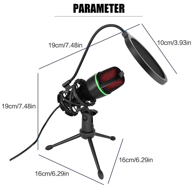 USB Microphone Kit, Professional Condenser Microphone with RGB Light, Noise Cancelling Microphone with Tripod Stand for Media, Gaming, Live, Recording