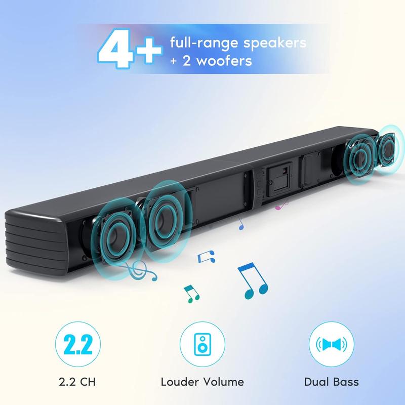 Sound Bar, Bass Speakers for Smart TV with Dual Subwoofer 3D Surround Sound System, 32 Inch 2.2CH Home Theater Audio Soundbar, HDMI ARC Connection, 2 in 1 Detachable & Wall Mountable