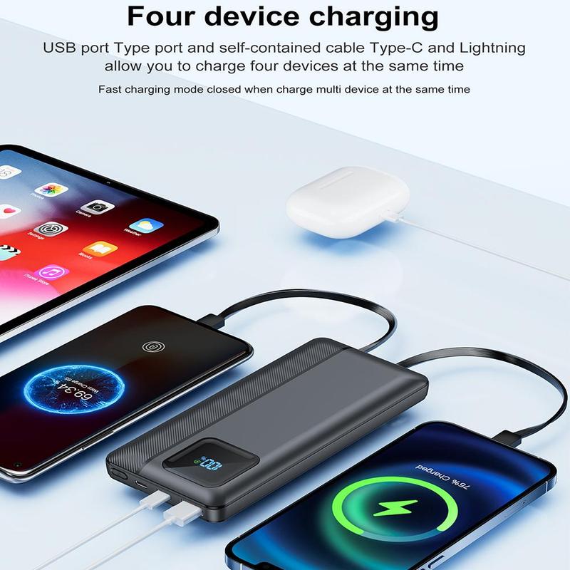 Portable QC3.0 PD20W Power Bank, 10000mAh Lightweight Power Bank with 2 Output Cables & LED Display, Fast Charger for iPhone, Android Phones, Phone Accessories