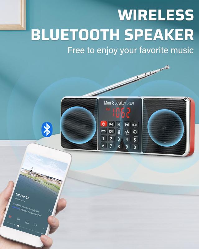 PRUNUS J-288 Portable Radio Small, AM FM Radio Rechargeable with Bluetooth Speaker, Sleep Timer and Power-Saving Display, Battery Operated Radio with AUX jack, USB Disk and TF Card, NO Manual Preset Audio Charging Clock