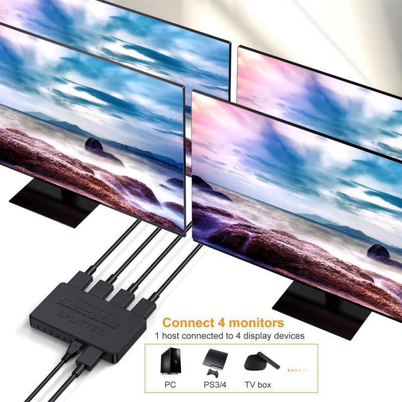 4K HDMI Splitter for Computer Host & Monitor, 1 Input & 4 Output HDMI Adapter for Summer, High Definition Video Converter For Home Theater