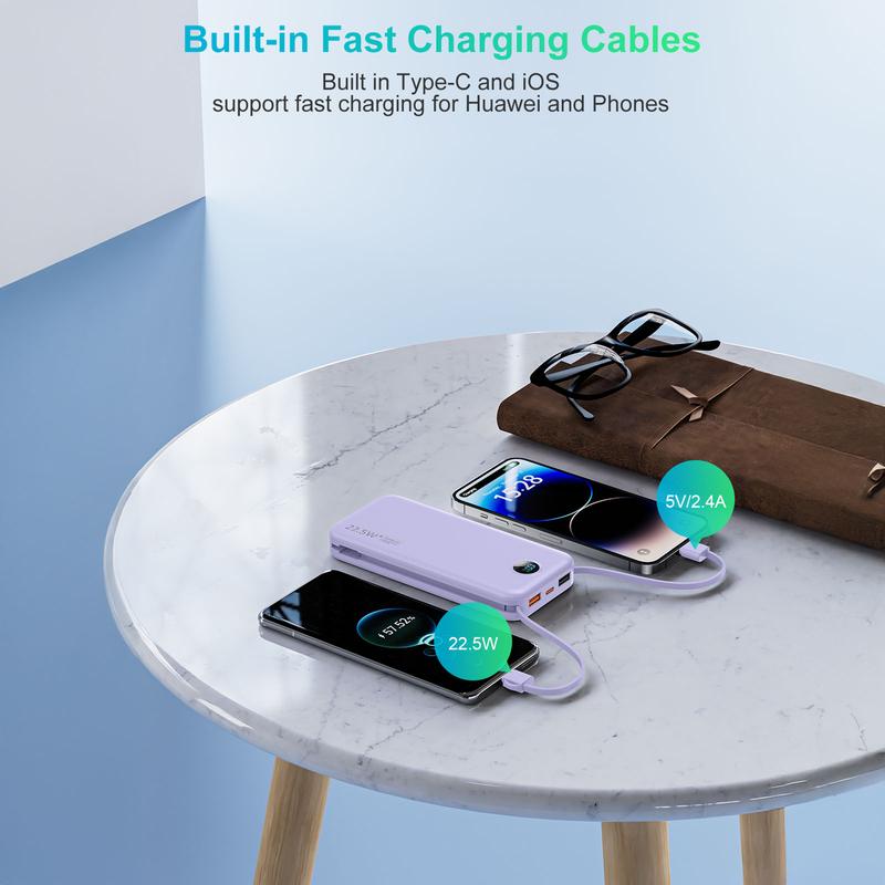 Portable Built-in AC Wall Plug Power Bank, 12000mAh Compact Lightweight Mobile Phone Charger, LED Digital Display, Built-in 2 Cables, 5 Output Ports, QC3.0 PD20W Quick Charge Battery Pack, Travel Essentials for iPhone 16 15 14 13, Samsung, iPad and more!