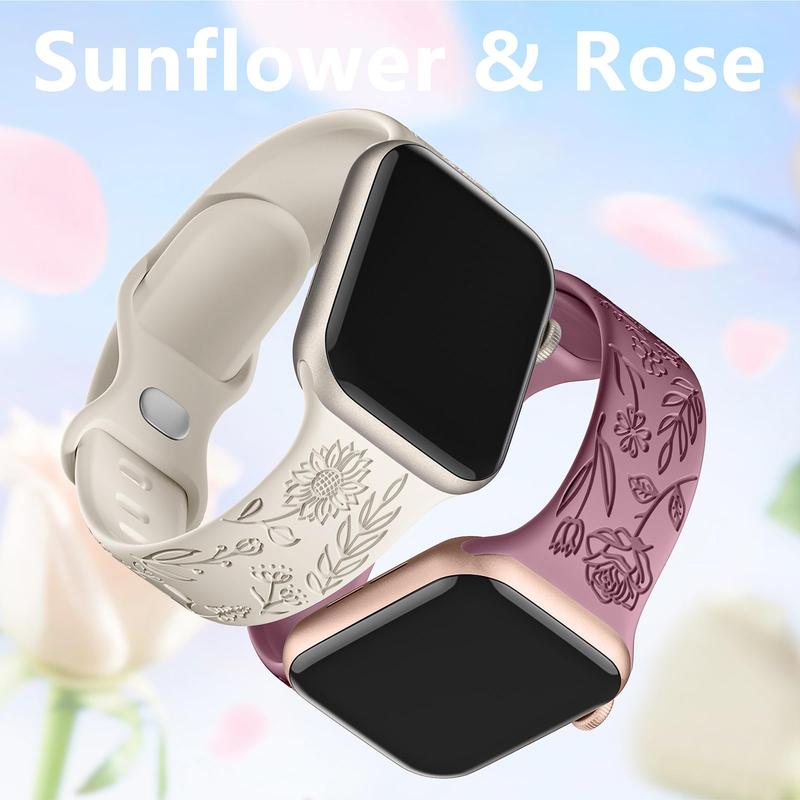 Personalized Floral Engraved Bands for Women, Wearable Accessories Compatible with Watch Band 38mm to 49mm, Soft Silicone Sport Strap for iWatch Bands Series Ultra Ultra 2 SE 9 8 7 6 5 4 3 2 1, Wearable Accessories