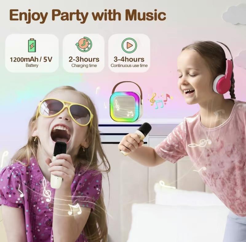 Mini karaoke machine suitable for children and adults, portable Bluetooth speaker with 2 wireless microphones and LED lights, 5 variable sounds, suitable for family gatherings and birthdays, suitable for girls boys aged 3-12 years old.