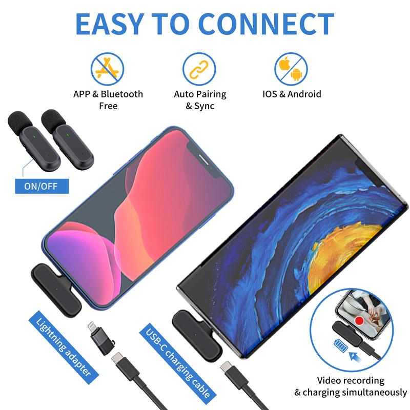 2 Pack Professional Wireless Lavalier Microphone for Android, iPhone iPad with Adapter Included Noise Reduction Plug-Play Clip on Lapel Mic for TikTok, YouTube, Recording, Vlog, Facebook Live Streaming Audio Smartphone