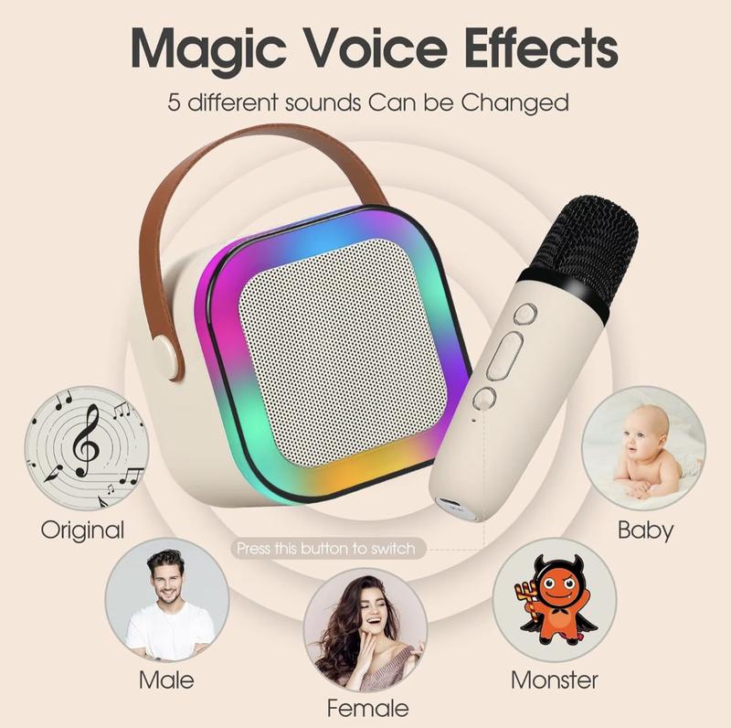 Mini karaoke machine suitable for children and adults, portable Bluetooth speaker with 2 wireless microphones and LED lights, 5 variable sounds, suitable for family gatherings and birthdays, suitable for girls boys aged 3-12 years old.