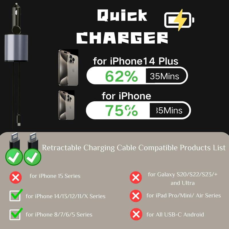 4 In 1 Mobile Phone Charging Car Charger, Adjustable Cellphone Car Charger with Dual Retractable Cable, Portable Smartphone Charger Compatible With iPhone 14 13 12 11 Pro Max XS MAX Electronic Devices, Stocking Fillers Gift