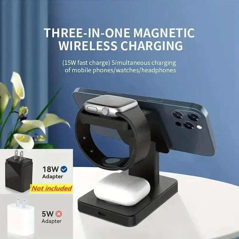 3 in 1 Magnetic Wireless Charger Stand, 15W Fast Charging Station, Multifunctional Charging Station for iPhone, Watch & Earphone