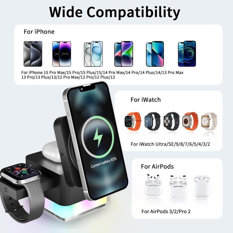 3 In 1 Wireless Charging Station, 15W Fast Charging Stand, Multifunctional Magnetic Charging Stand Compatible with iPhone, iWatch, AirPods Series, Stocking Fillers Gift