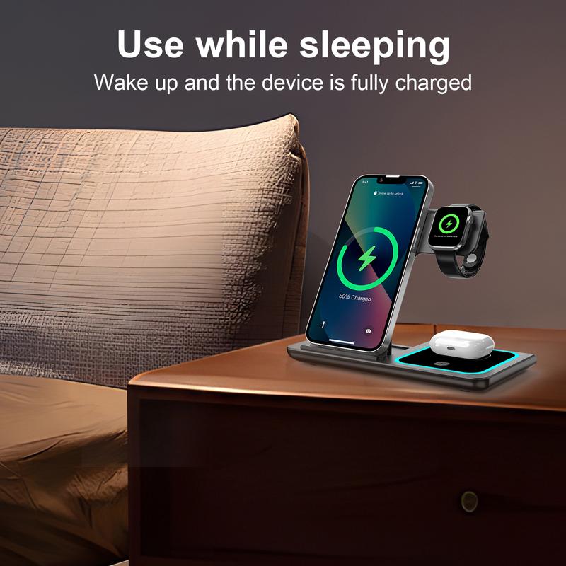 3-in-1 Wireless Charger, 15W Fast Wireless Charger, Foldable & Portable Design Wireless Charging Station for iPhone & Samsung Phone & iWatch & AirPods Series Foldable Wireless